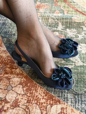 J.Renee Navy Satin Slingback Heels with Teal-Accented Floral Appliqué